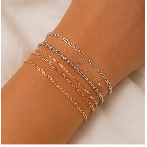 Stack of mixed-metal bracelets on a wrist