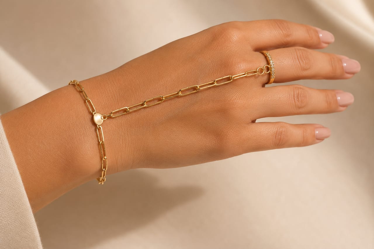Gold hand chain across the back of a hand