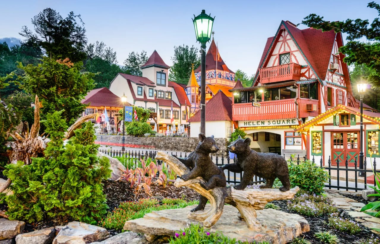 Helen Square with its Bavarian-style buildings at dusk